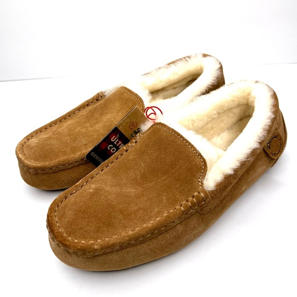 Dearfoams Women’s Dluxe Fernie Genuine Shearling Moccasin Slippers Tan 6 - Picture 6 of 9